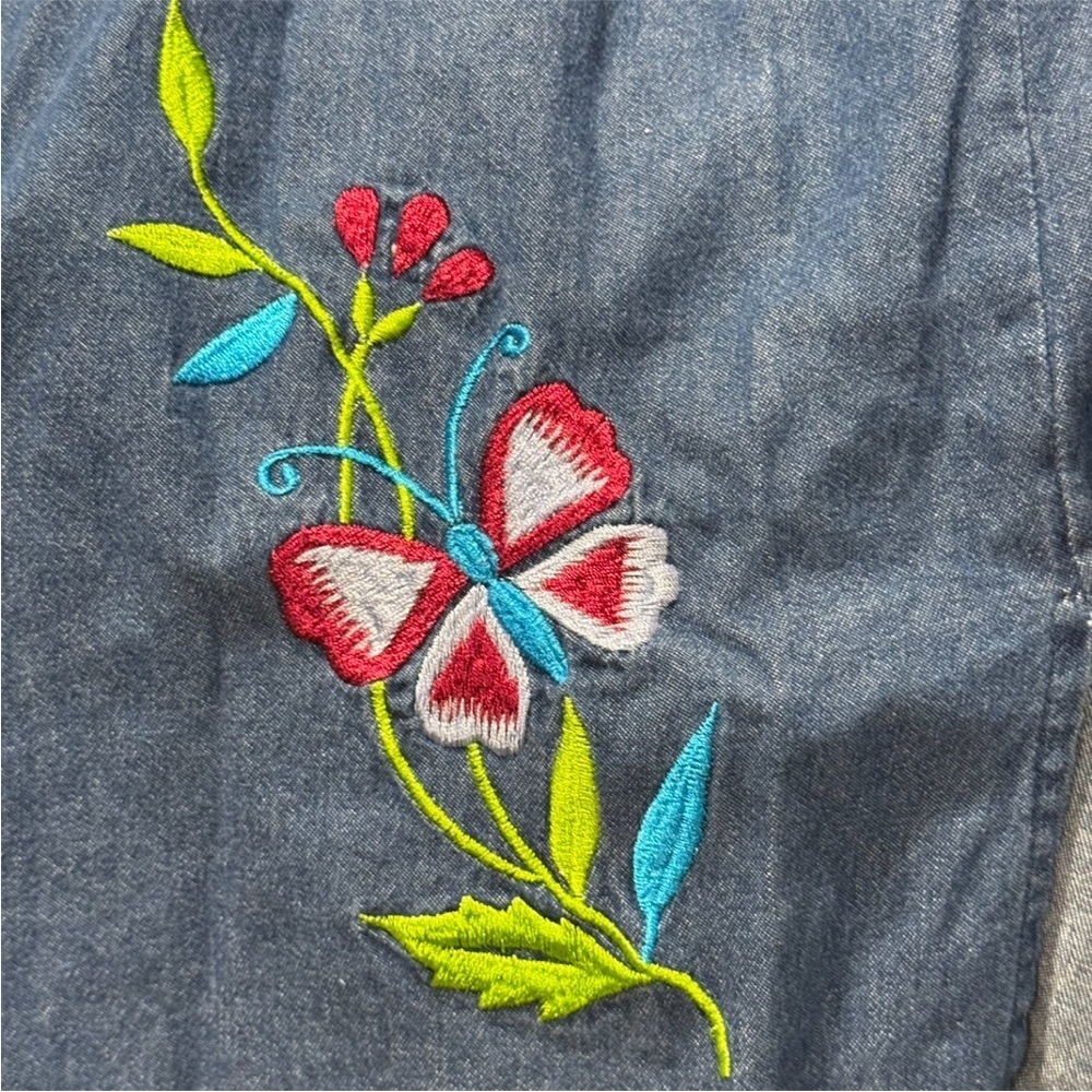Vintage Blair Denim Tunic Top Floral Embroidered Butterflies 90s Art Teacher - Picture 9 of 12